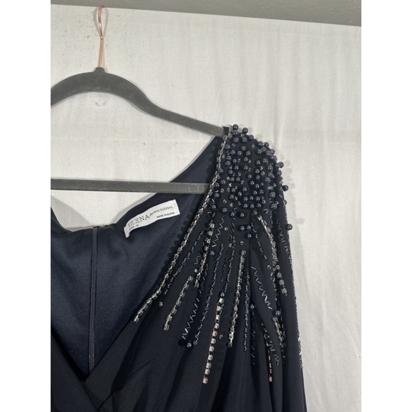 NWT $398 Mac Duggal [ 18 ] Embellished Accents‎ Faux Wrap Jersey Gown Blue - Picture 10 of 15